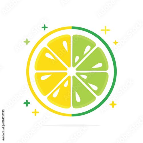 Citrus slice graphic illustration surrounded by decorative elements on a clean background view