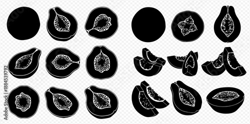 Set of papaya fruit silhouettes, whole, half, and sliced, isolated on transparent background for design elements.