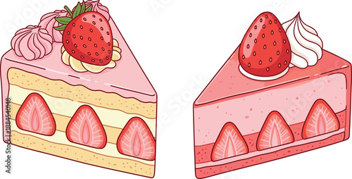 Vector illustration set featuring gourmet strawberry cream and mousse layered cake slices with fresh berry garnishes and whipped cream
