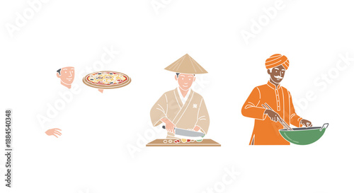 International chefs illustration set, pizza chef, Asian cook, Indian chef, multicultural cuisine, cooking concept, food preparation, vector art, isolated