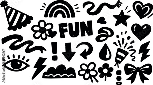 Whimsical kids doodle flat vector close up showing party hat confetti popper flowers hearts bow lightning bolt and black strokes