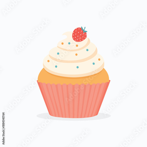 A sweet illustration of a cupcake with cream and strawberry on top, viewed from the front.