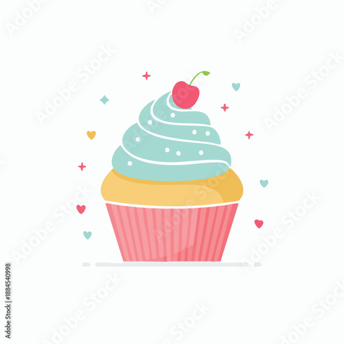 A vibrant cupcake adorned with blue frosting and a cherry on top, surrounded by colorful hearts and stars, viewed from a front perspective.