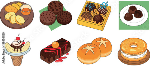 Vector illustration set featuring hand-drawn gourmet desserts including chocolate truffles banana split pastries and assorted sweet bakery treats