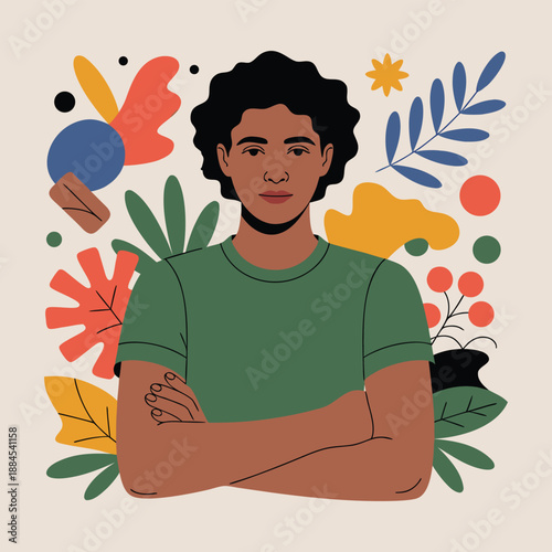 a stylized portrait of a young man with dark curly hair and folded arms surrounded by colorful abstract floral elements and shapes