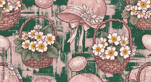 Vintage Easter Seamless Pattern with Primrose Baskets and Pink Bonnets