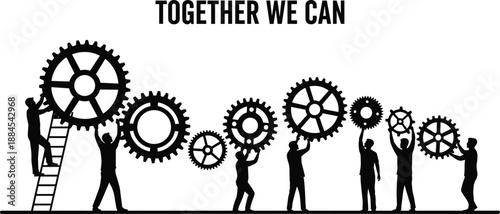 Together We Can Teamwork Collaboration Cooperation People Gears Silhouette Motivation Success Leadership Community Unity Support Effort Partnership Concept Illustration Vector