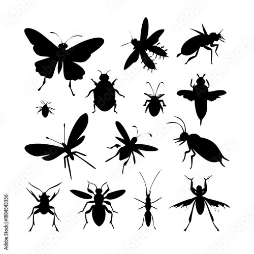 Insect silhouettes collection, fly mosquito bee species, winged bug icon, vector illustration, nature art, entomology design, wildlife fauna, pest control graphic See Less
