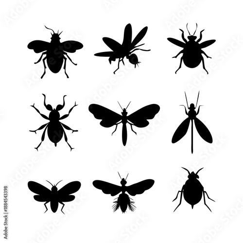 Insect silhouettes collection, fly mosquito bee species, winged bug icon, vector illustration, nature art, entomology design, wildlife fauna, pest control graphic See Less

