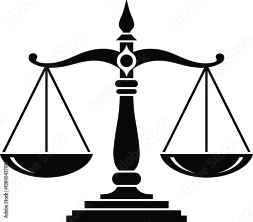 Black scales of justice silhouette icon, law and court legal balance symbol, vintage judge equilibrium vector illustration, isolated on white background, lawyer