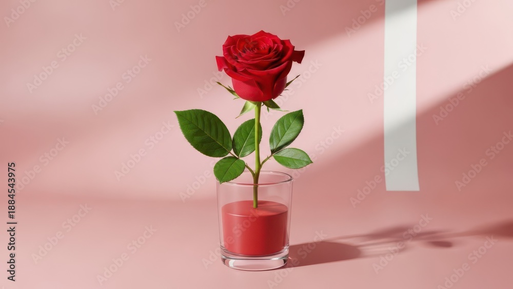 Fototapeta premium A single red rose in a glass vase with pink liquid on a pink background