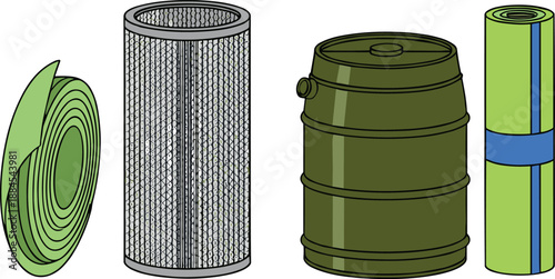 Vector illustration set featuring industrial mesh filter metal drum yoga mat and utility rolls for diverse commercial applications