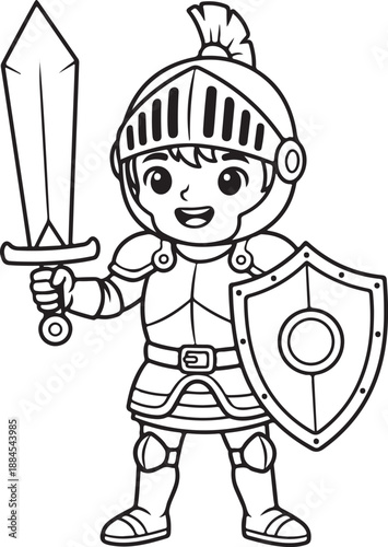 Cute cartoon knight with sword and shield ready for adventure coloring page