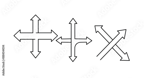 Three distinct arrow configurations illustrating various directions and intersections in simple line art.