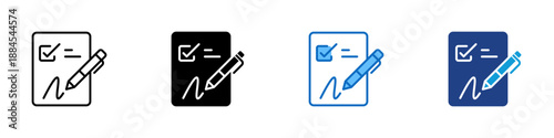 Signature Multiple Style Icon Design Vector - Document with checkmark and pen, representing signature approval, authorization, and verification
