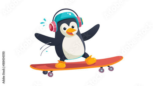 A cool penguin wearing a backward cap and headphones, performing a trick on a colorful skateboard.