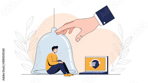 Man sitting inside a glass bell jar for protection while a giant hand reaches down near a laptop showing security icons.
