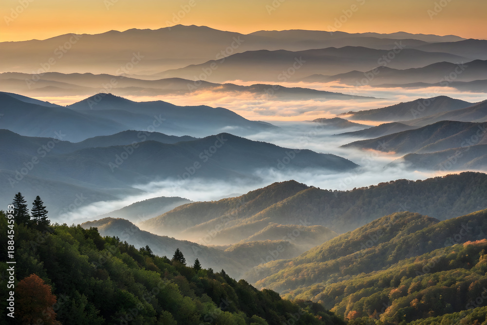 Fototapeta premium Layered mountain peaks shrouded in morning fog with golden sunrise sky full hd 4k stock image download