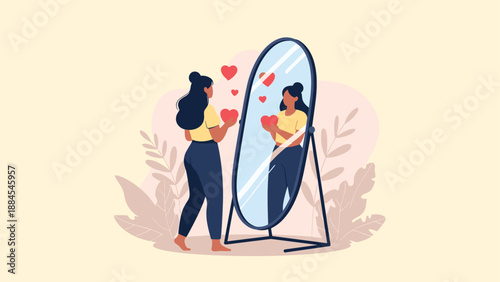 Young woman looking at her reflection in a large floor mirror with red floating hearts symbolizing self-love and body positivity.