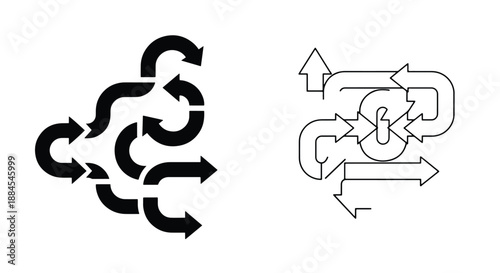 Abstract illustration featuring two distinct designs composed of multiple arrows indicating complex processes, interconnected paths, and directional flow.