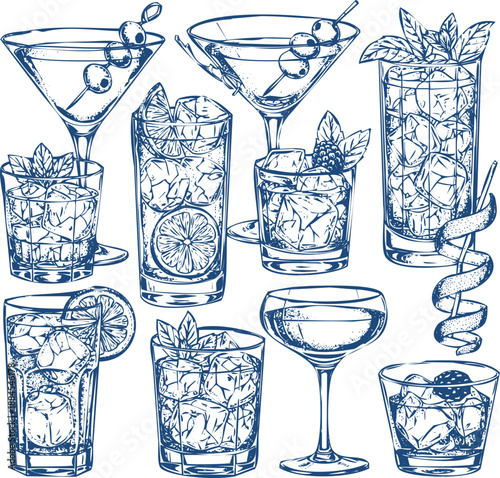 Large collection of hand drawn alcoholic cocktails and mixed drinks vector illustration