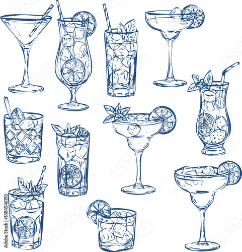 Collection of hand-drawn cocktails and drinks on transparent background vector set