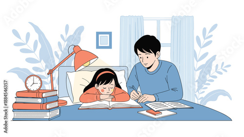 Caring father helping his young daughter with her school homework at a desk in a cozy bedroom with books and a lamp at nighttime.