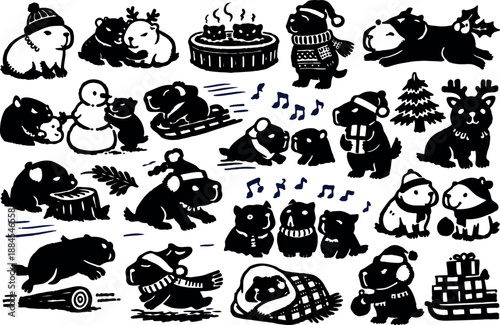 Whimsical kids doodle collage of black and white guinea pigs wearing santa hats sledding singing and cuddling in winter christmas