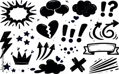 Comic book art hand drawn icon set with burst, speech bubbles, broken heart, exclamation marks, crown, arrows, banner, ink sketch scribbles