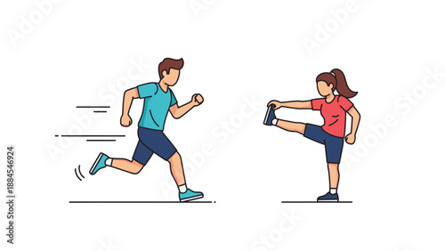 Vibrant line art illustration depicting a man actively running and a woman gracefully stretching, symbolizing a commitment to health, fitness, and an energetic, active lifestyle