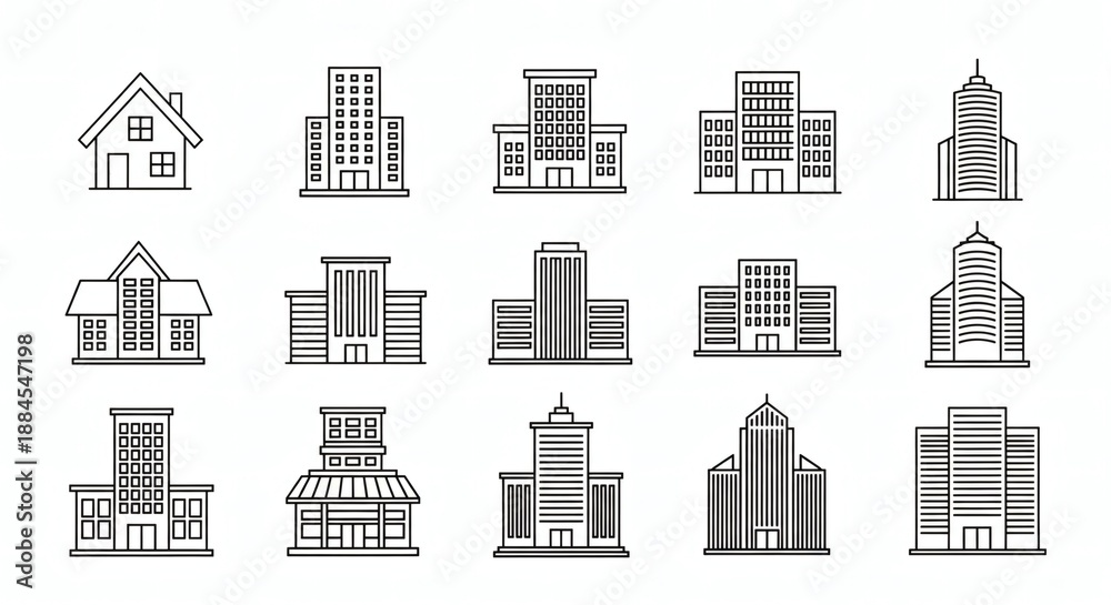 Fototapeta premium Modern city buildings and homes in minimalist line art style