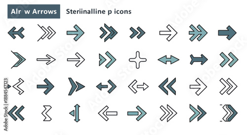 A collection of various arrow icons in different styles and directions, including left, right, up, down, double, and zigzag arrows, suitable for user interface design.