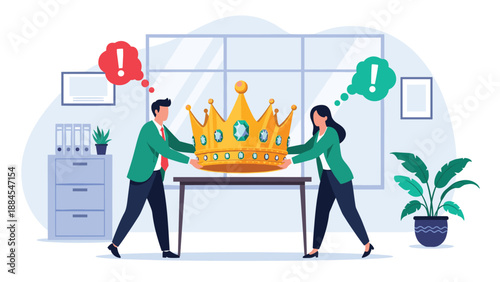 Man and woman in business suits struggling to place a giant golden crown on a table symbolizing corporate leadership and power.