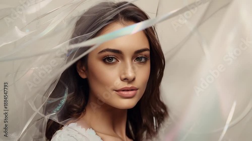 Drifting veil, ribbons revealing model holding gaze in studio, wearing white-lace for portrait