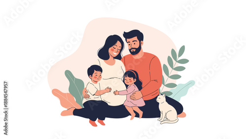 Smiling father holding his young son while standing next to his pregnant wife in a simple domestic setting with a green leaf.