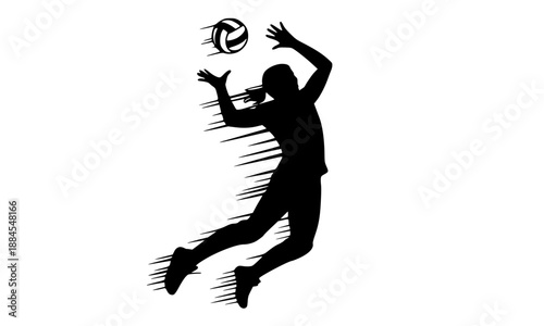 Female Volleyball Player Silhouette Spiking Ball, Professional Athlete Action Pose with Motion Blur Trails, Vector Icon Isolated on White Background for Sports Team Logo and Tournament Graphics