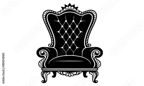 Vintage Luxury Armchair Silhouette with Tufted Backrest and Ornate Carved Wooden Legs, Elegant Royal Throne Furniture Vector Icon Isolated on White Background for Interior Design and Antique Decor