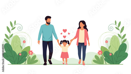 Happy father and mother lovingly holding their newborn baby wrapped in a white blanket surrounded by soft heart shapes and leaves.