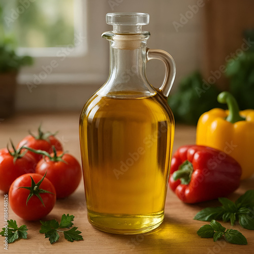 Extra Olive Oil Bottle with Fresh Vegetables on Rustic Kitchen Table
