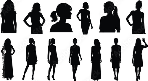 Female silhouettes collection of women standing and posing, modern fashion figures illustration isolated on white background vector design set