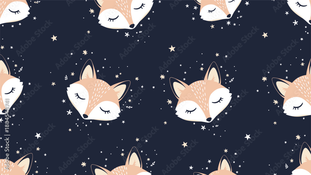 Fototapeta premium Sweet sleeping fox heads and tiny stars creating a seamless pattern on a dark night blue background for nursery or fabric design.
