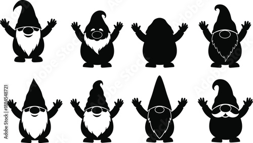 Cute gnome silhouettes cartoon characters with beards and hats, playful fantasy folklore illustration isolated on white background vector