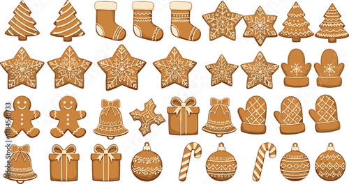 Vector illustration set featuring diverse traditional Christmas gingerbread cookies including stars trees mittens bells ornaments and festive holiday treats
