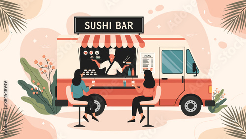 Customers sitting at a mobile sushi bar food truck parked near palm trees on a sunny day enjoying fresh japanese cuisine outdoors.