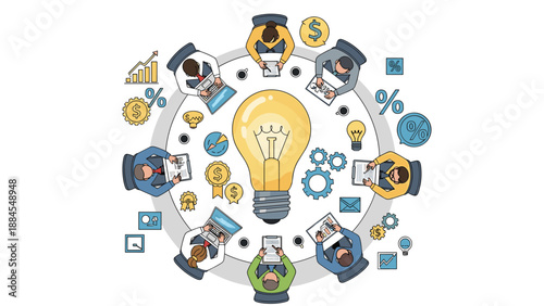 Diverse group of professional people sitting around a large yellow light bulb collaborating and brainstorming new creative ideas.