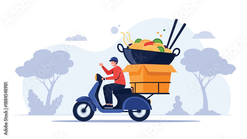 Fast food delivery person riding a blue scooter and carrying a giant bowl of ramen noodles with chopsticks on a city background.