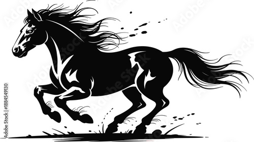 Black silhouette of a running wild horse with flowing mane and tail, vector illustration isolated on white background for equestrian sport design