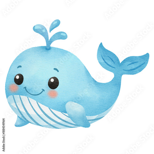 Quadro em tela Adorable blue whale watercolor illustration with water splashing from blowhole