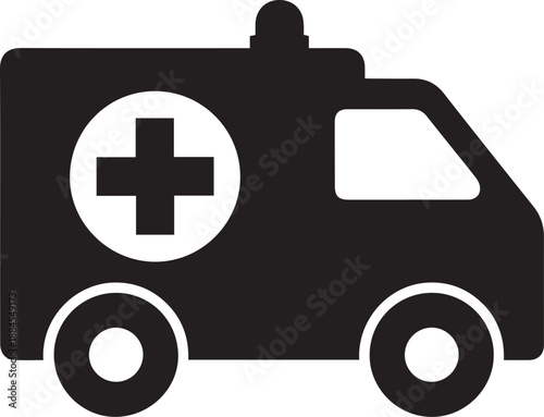 Minimalist ambulance icon featuring a medical cross and emergency siren, representing paramedic rescue services, hospital transport, and urgent healthcare. Black and white vector illustration.