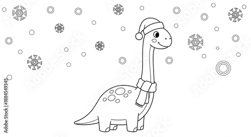 Adorable coloring page for children shows a long neck dinosaur wearing a festive Santa hat and scarf in the snow.
